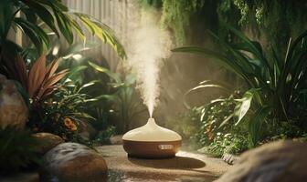 A small white and brown diffuser with a white lid sits on a rock in a garden photo