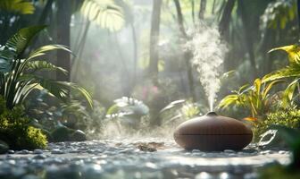 A small wooden diffuser is sitting on a rock in a forest photo