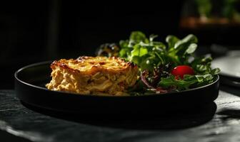 A plate of food with a baked dish and a salad photo
