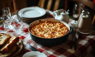 A large bowl of food is on a table with a red and white checkered tablecloth photo