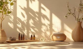 A wooden vase with a diffuser sits on a table photo
