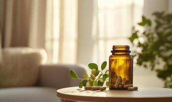 A bottle of pills is on a table next to a leaf photo