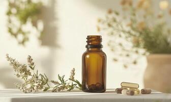A bottle of medicine is on a table next to some pills photo