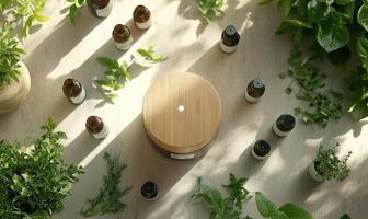 A small round wooden diffuser with a light on top photo