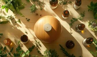 A diffuser sits on a table with several bottles of essential oils photo