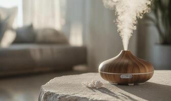 A small wooden diffuser with a white label on it photo
