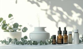 A white diffuser sits on a table next to several bottles of essential oils photo