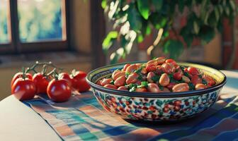 A bowl of food with tomatoes and beans on a table photo