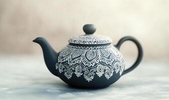 A black and white tea pot with a white design photo
