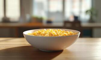 A bowl of yellow macaroni on a wooden table photo