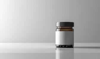 a bottle of pills on a table with a gray background photo