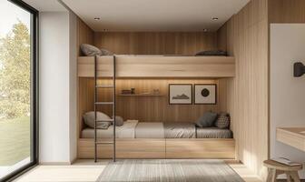 A bunk bed with a ladder is in a room with a window photo