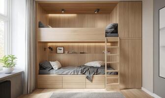 A bunk bed with a ladder and a shelf underneath photo