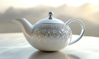 a silver teapot with intricate designs on it photo