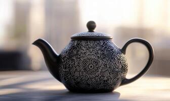 A black tea pot with a white lid sits on a table photo