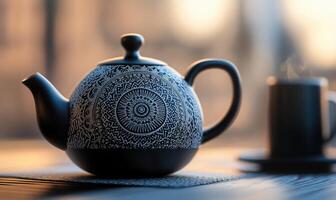 A black tea pot with a blue design sits on a table next to a cup of coffee photo