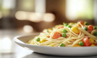 A plate of pasta with peas and carrots photo