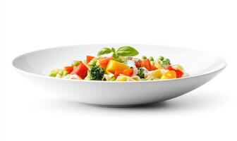 A white plate with a variety of vegetables including broccoli, carrots, and peas photo