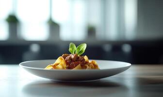 A plate of spaghetti with meat sauce and a leaf of basil on top photo