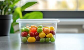 A plastic container with a variety of fruit in it photo