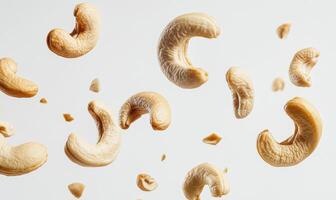 A bunch of cashews are flying through the air closeup view photo