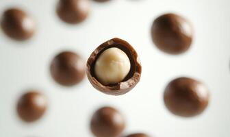 A chocolate nut is shown in the center of a group of chocolate nuts photo