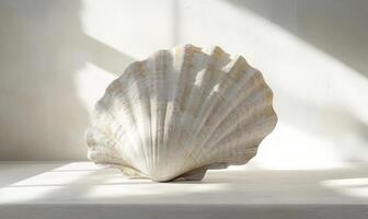 a shell sitting on a table in front of a window photo