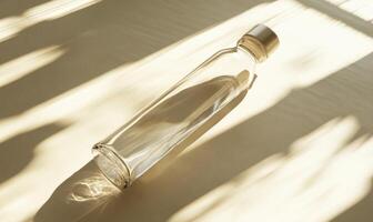 a glass bottle with a lid on a table photo
