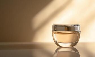 A small glass jar with a clear lid sits on a table photo