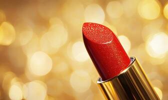 a red lipstick is on a gold blurred background photo