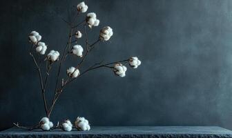 A branch of cotton flowers is on a table photo