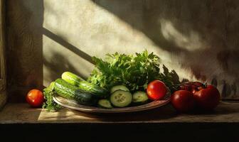 A plate of vegetables including cucumbers, tomatoes, and cilantro photo