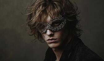 A man wearing a mask with beads on it photo