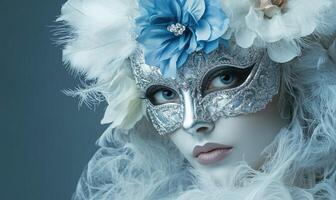A woman wearing a mask with a flower on it photo