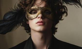 A man wearing a gold mask with black feathers photo