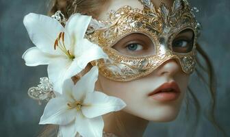 A woman wearing a gold mask with a white flower on it photo