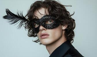 A man wearing a black mask with feathers on it photo