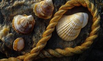 A rope is tied to a rock and a shell is on top of it photo