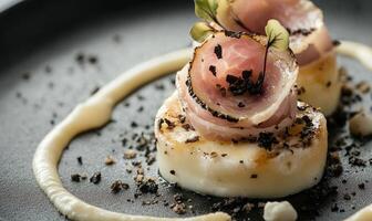A plate of food with a white sauce and a garnish of black pepper photo