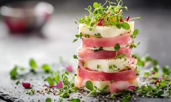 A stack of food with a lot of greens on top photo