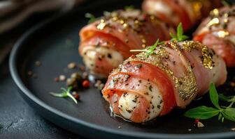 A plate of bacon wrapped meat with parsley on top photo