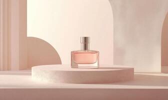 a perfume bottle sits on a pedestal in front of a wall photo