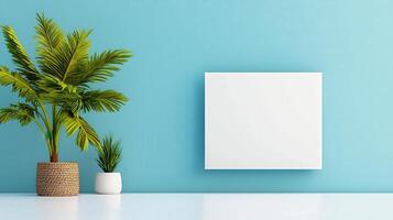 A white framed picture sits on a wall next to a potted plant photo