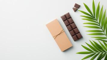 A box of chocolate sits next to a leaf photo