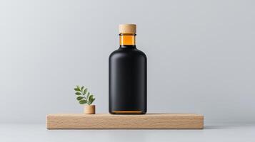 A bottle of liquid is on a wooden shelf photo