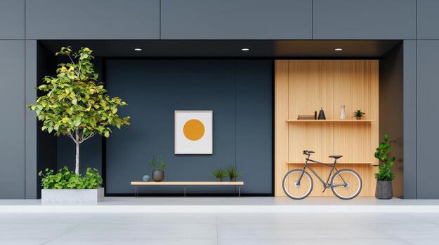 A bike is parked outside a building with a large window photo