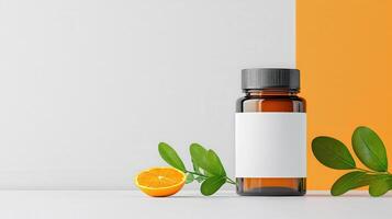 A bottle of medicine is on a table next to an orange photo