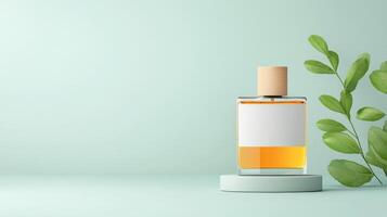 A bottle of perfume is displayed on a pedestal next to a leaf photo