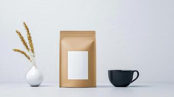 A white coffee cup sits on a table next to a brown bag and a vase of wheat photo