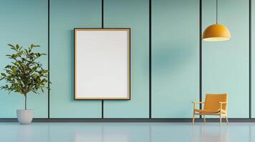 A white framed picture hangs on a wall in a room with a yellow lamp photo